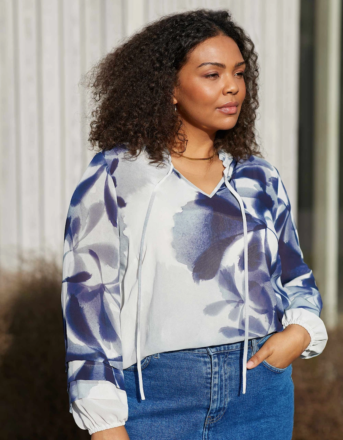 Blue Floral Print Pleat Sleeve Blouse