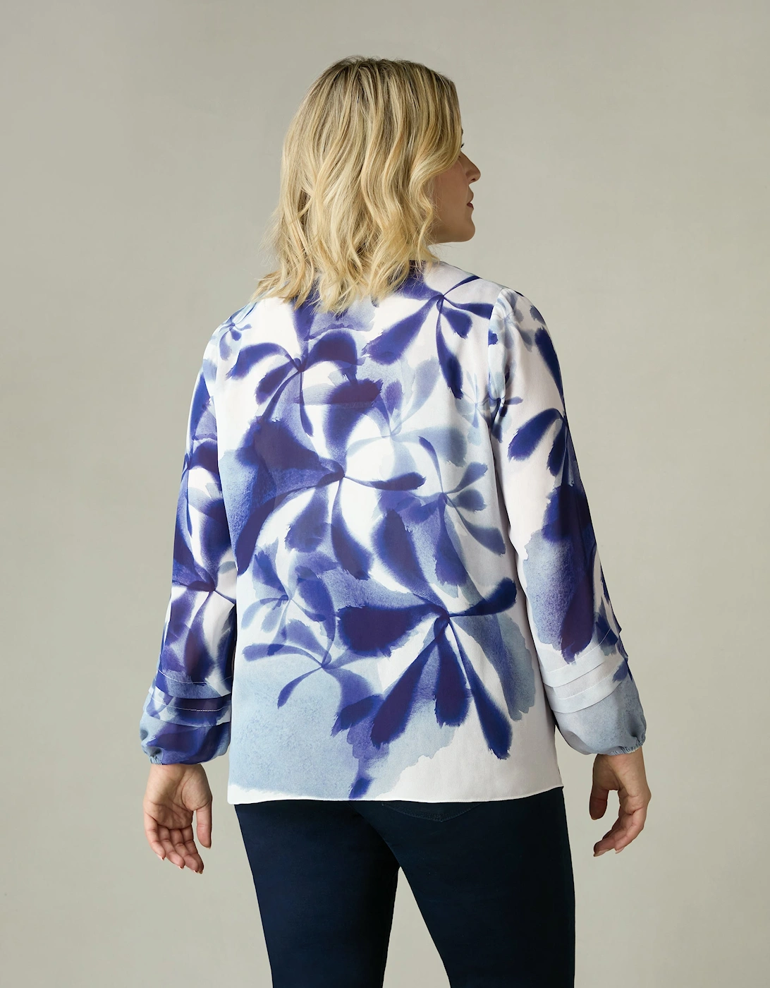 Blue Floral Print Pleat Sleeve Blouse