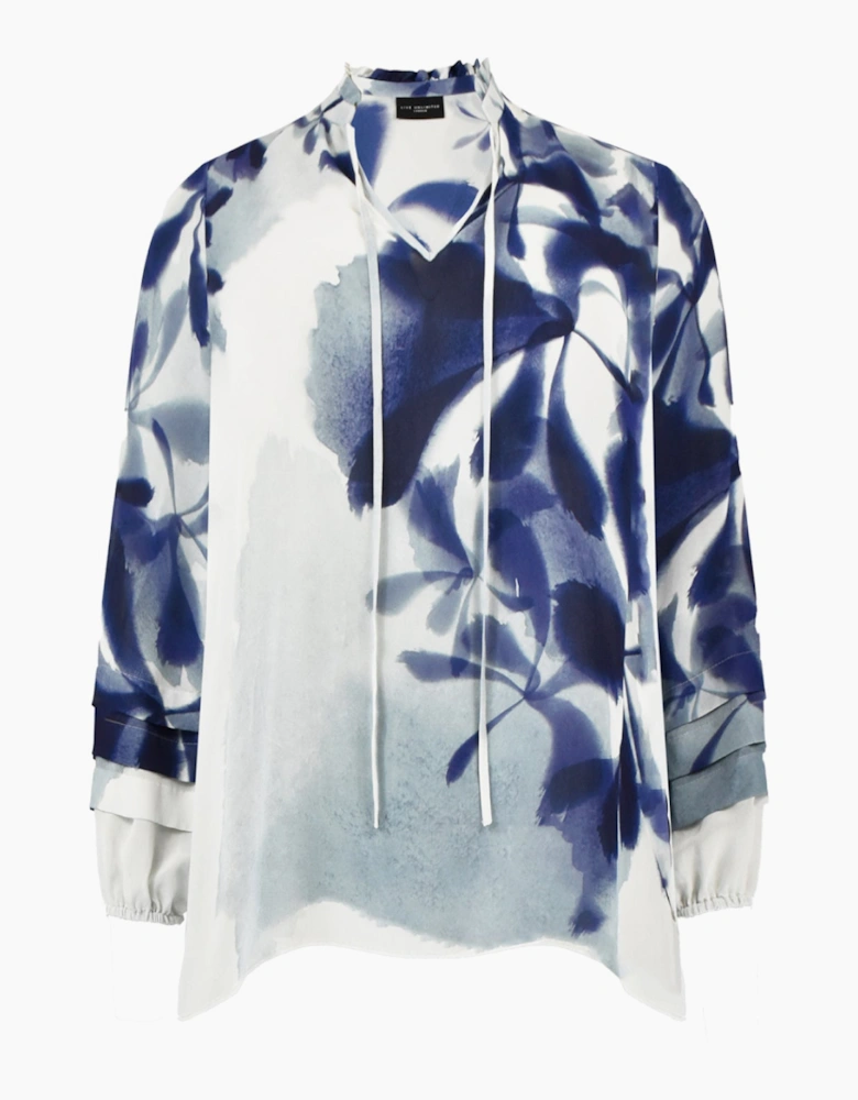 Blue Floral Print Pleat Sleeve Blouse