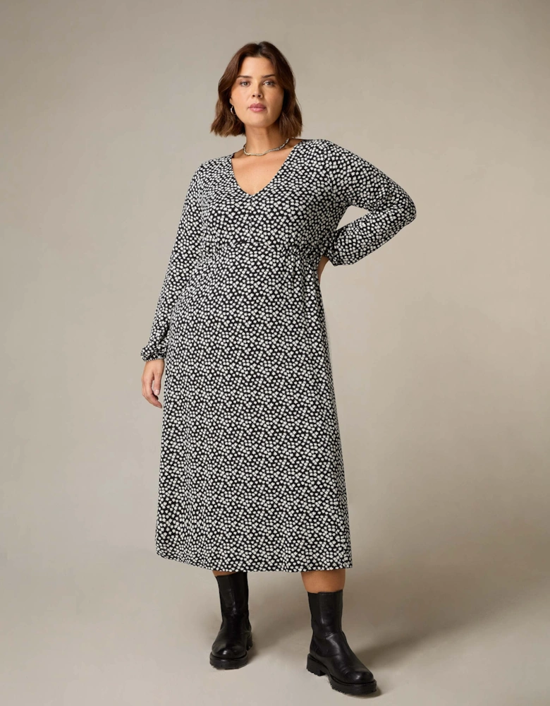 Mono Ditsy Print Jersey Gathered Waist Midi Dress