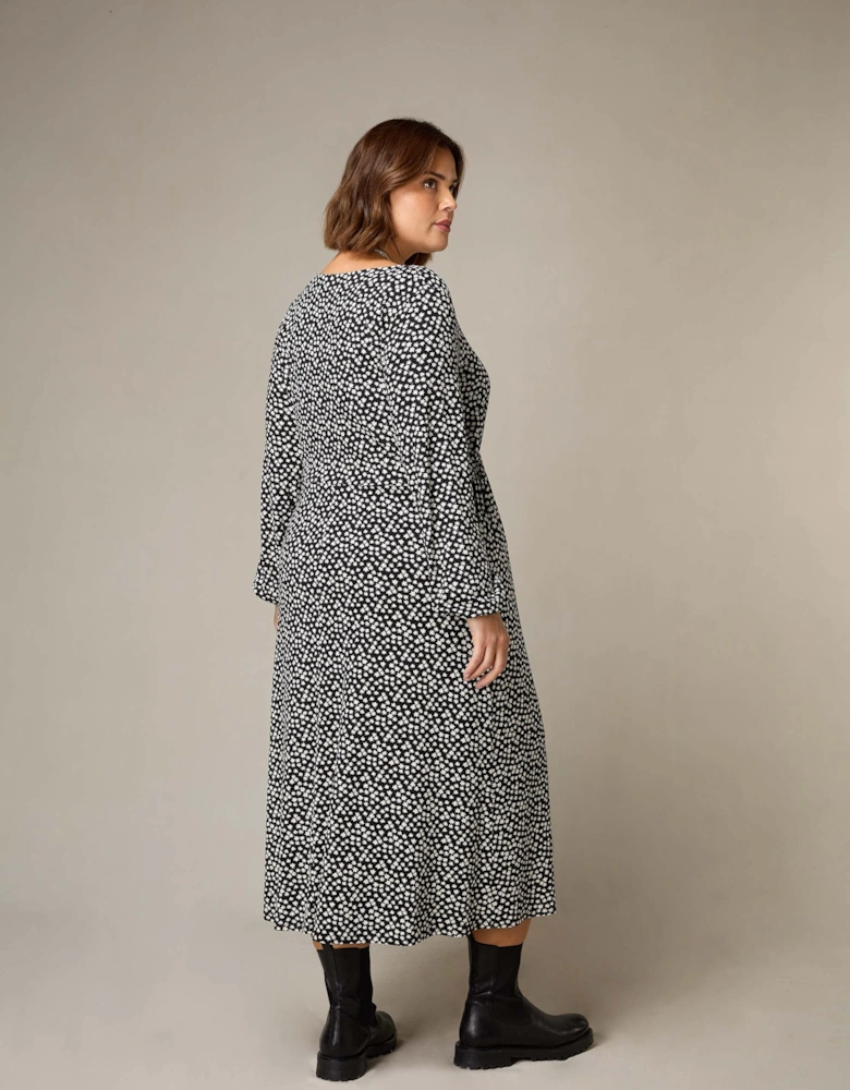 Mono Ditsy Print Jersey Gathered Waist Midi Dress