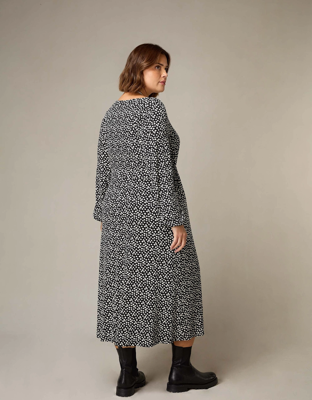 Mono Ditsy Print Jersey Gathered Waist Midi Dress