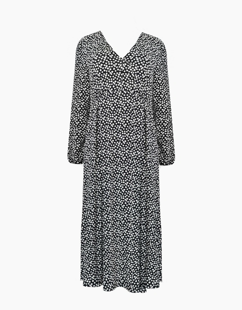Mono Ditsy Print Jersey Gathered Waist Midi Dress
