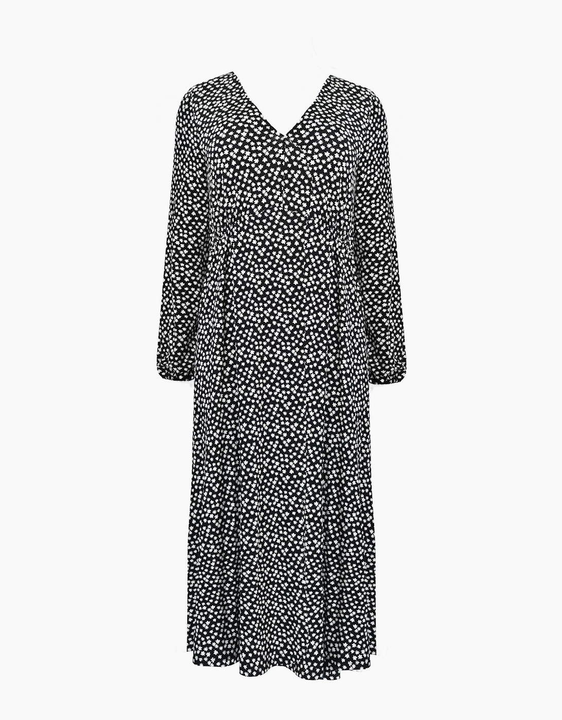 Mono Ditsy Print Jersey Gathered Waist Midi Dress