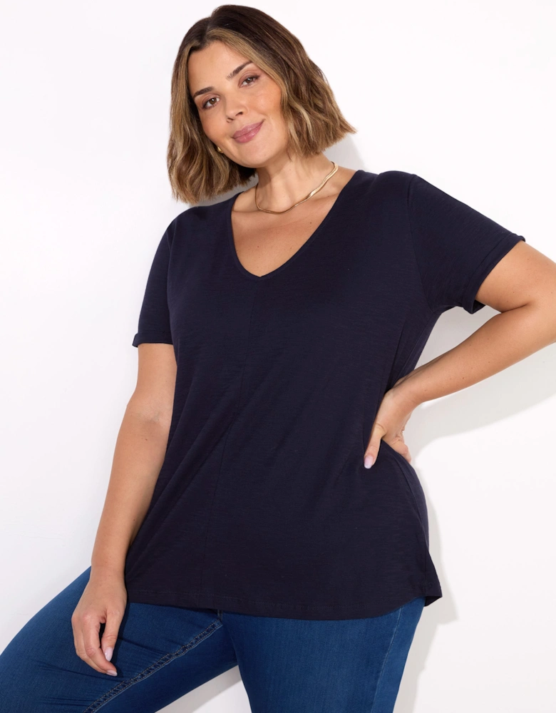 Navy Cotton Slub V-Neck T-Shirt