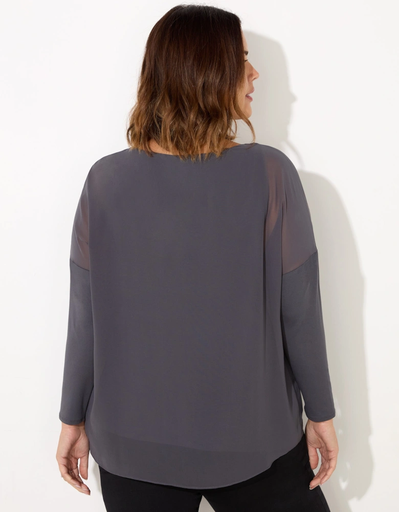 Grey Overlay Chiffon Top With Jersey Sleeves