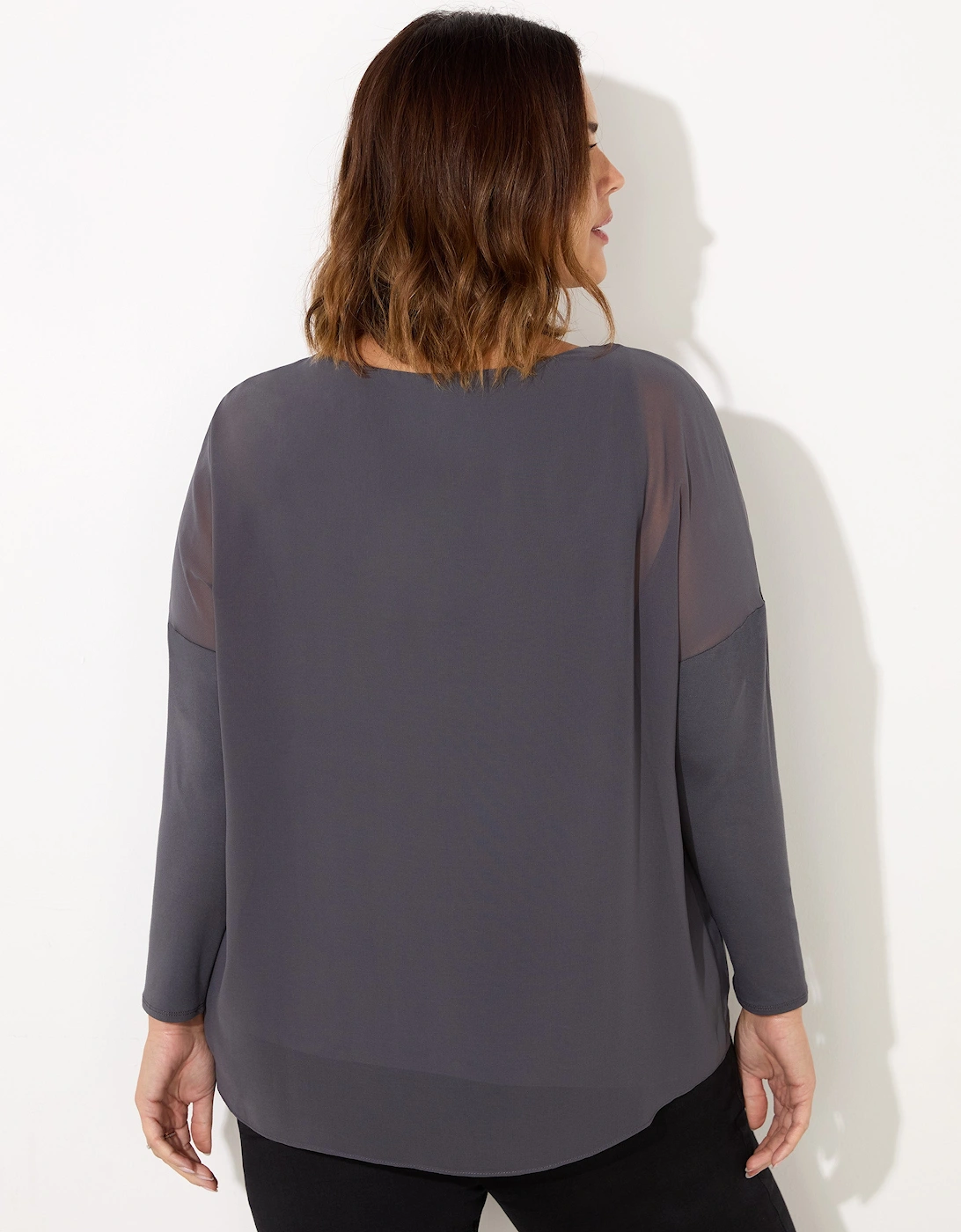 Grey Overlay Chiffon Top With Jersey Sleeves