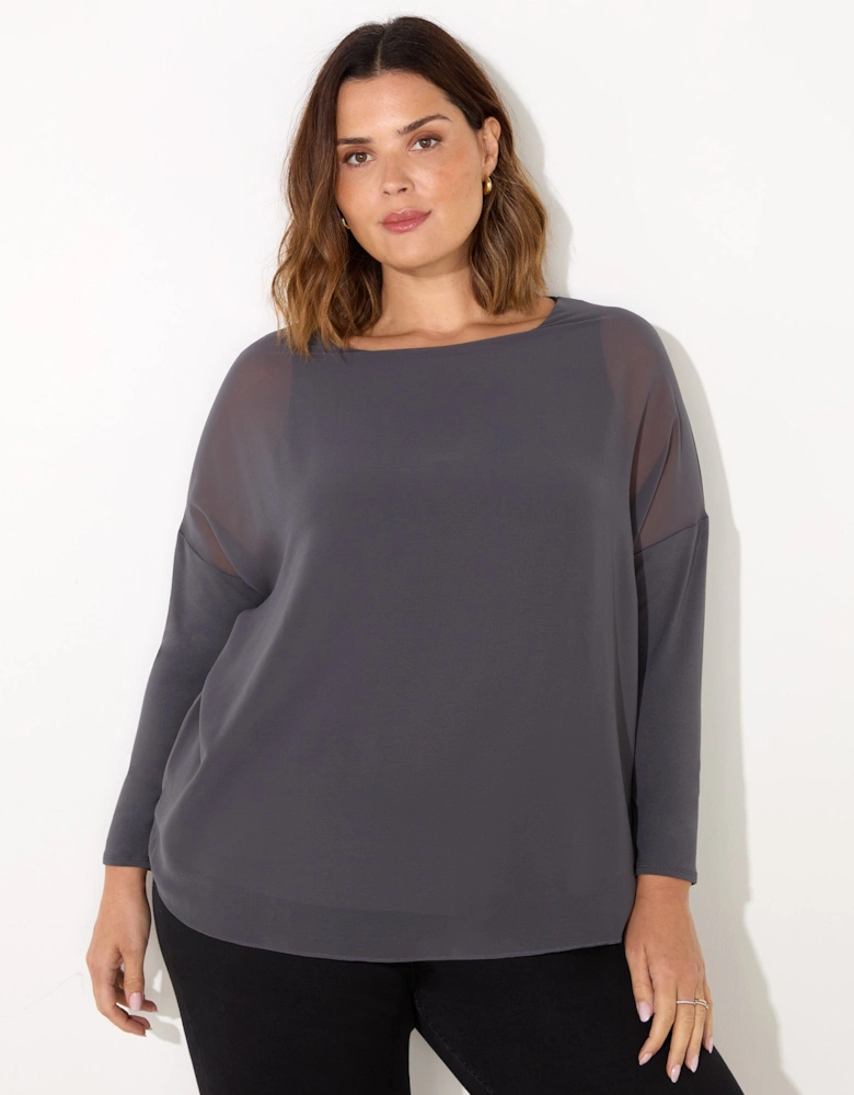 Grey Overlay Chiffon Top With Jersey Sleeves