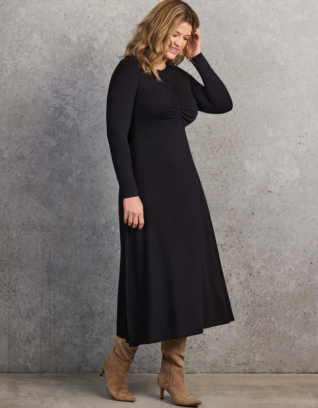 Black Ruched Front Jersey Midaxi Dress