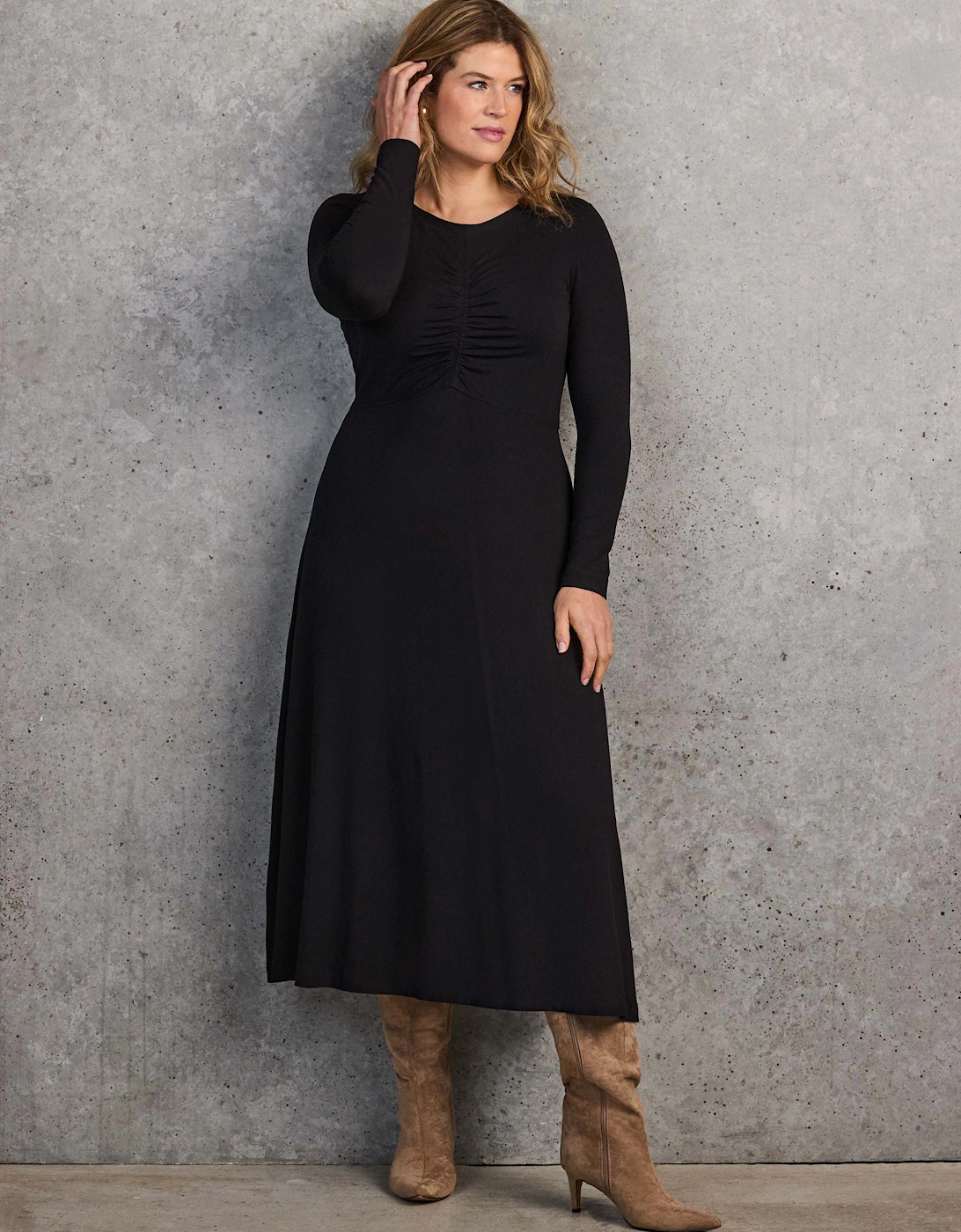 Black Ruched Front Jersey Midaxi Dress