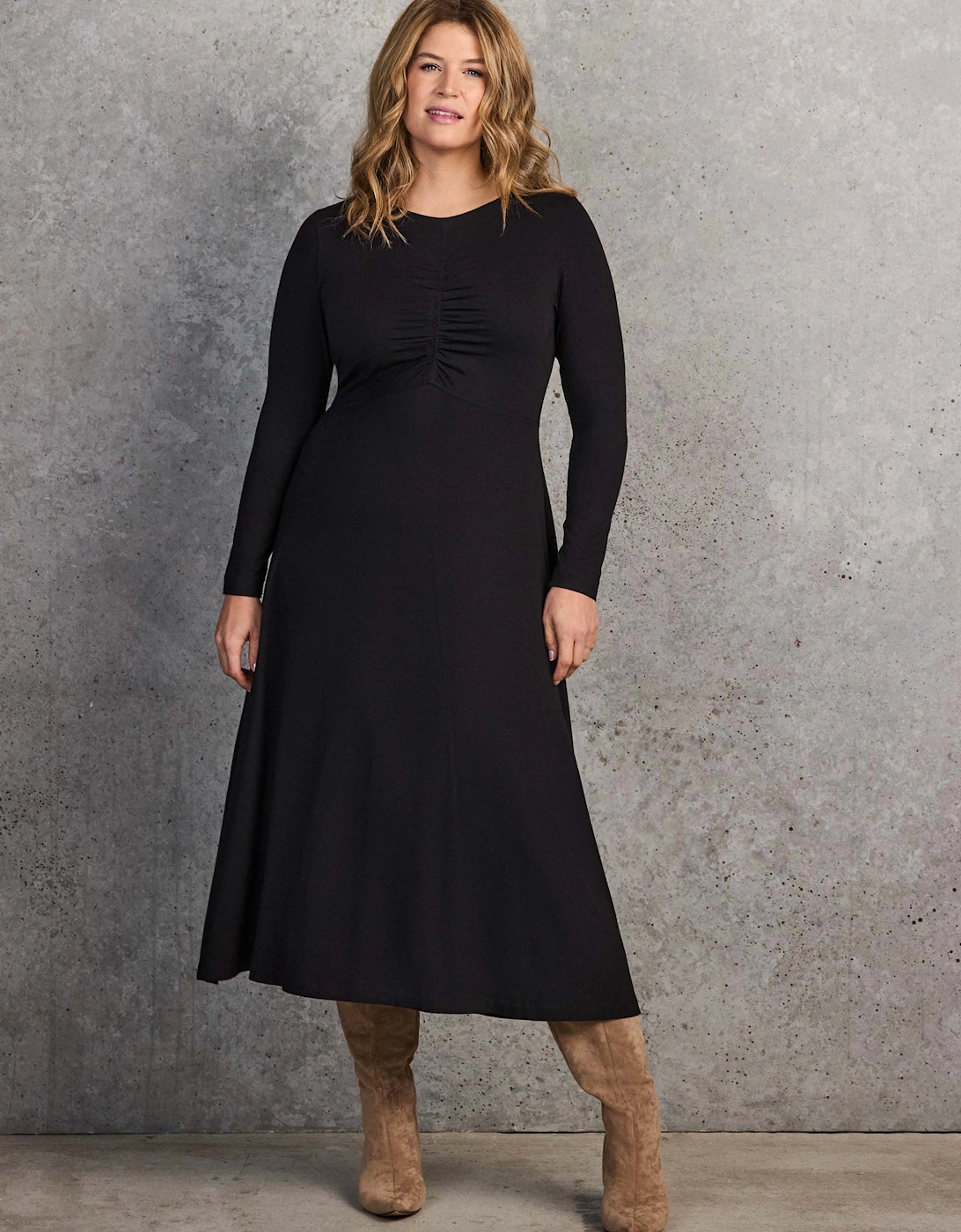 Black Ruched Front Jersey Midaxi Dress