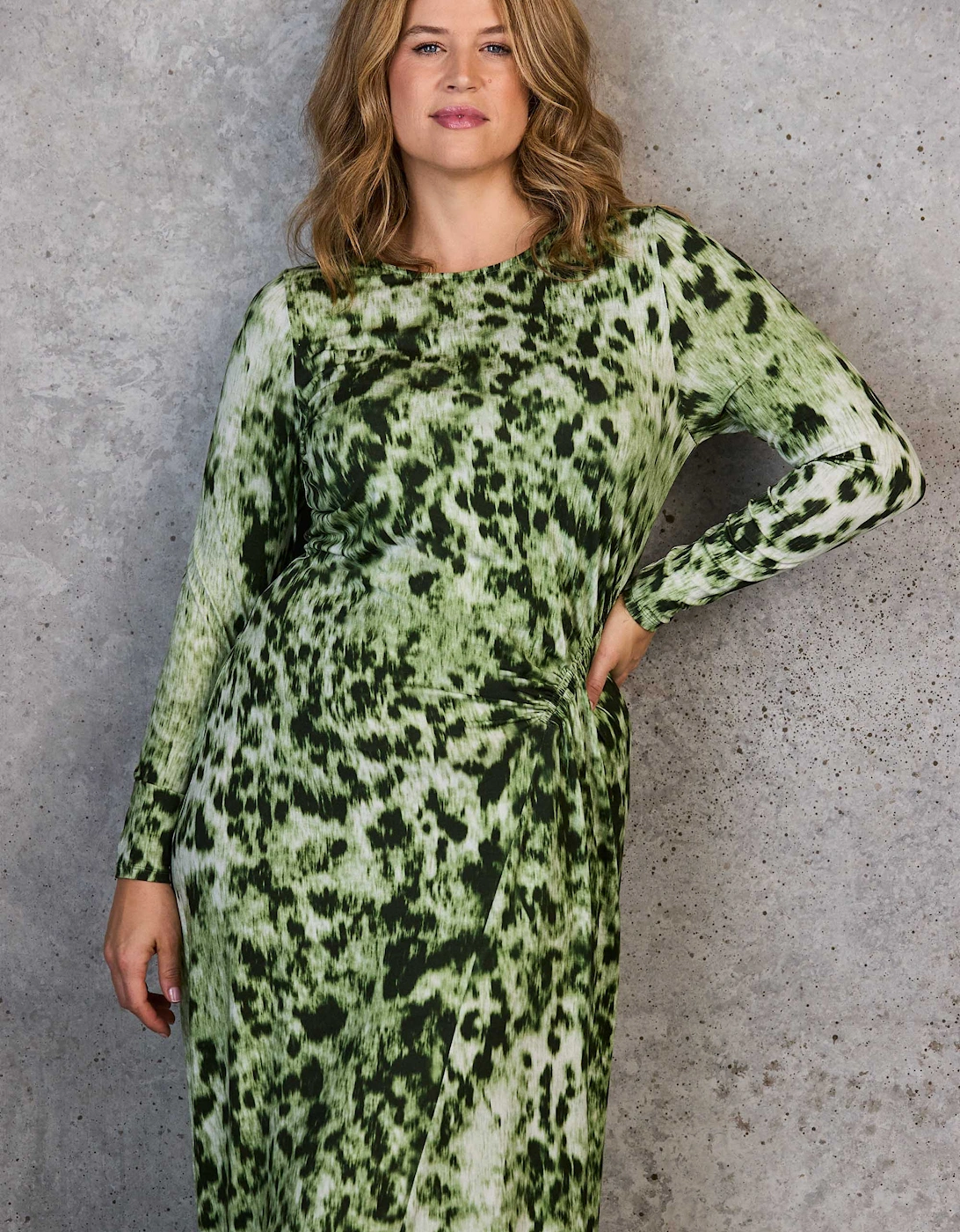 Green Animal Abstract Print Ruched Jersey Dress