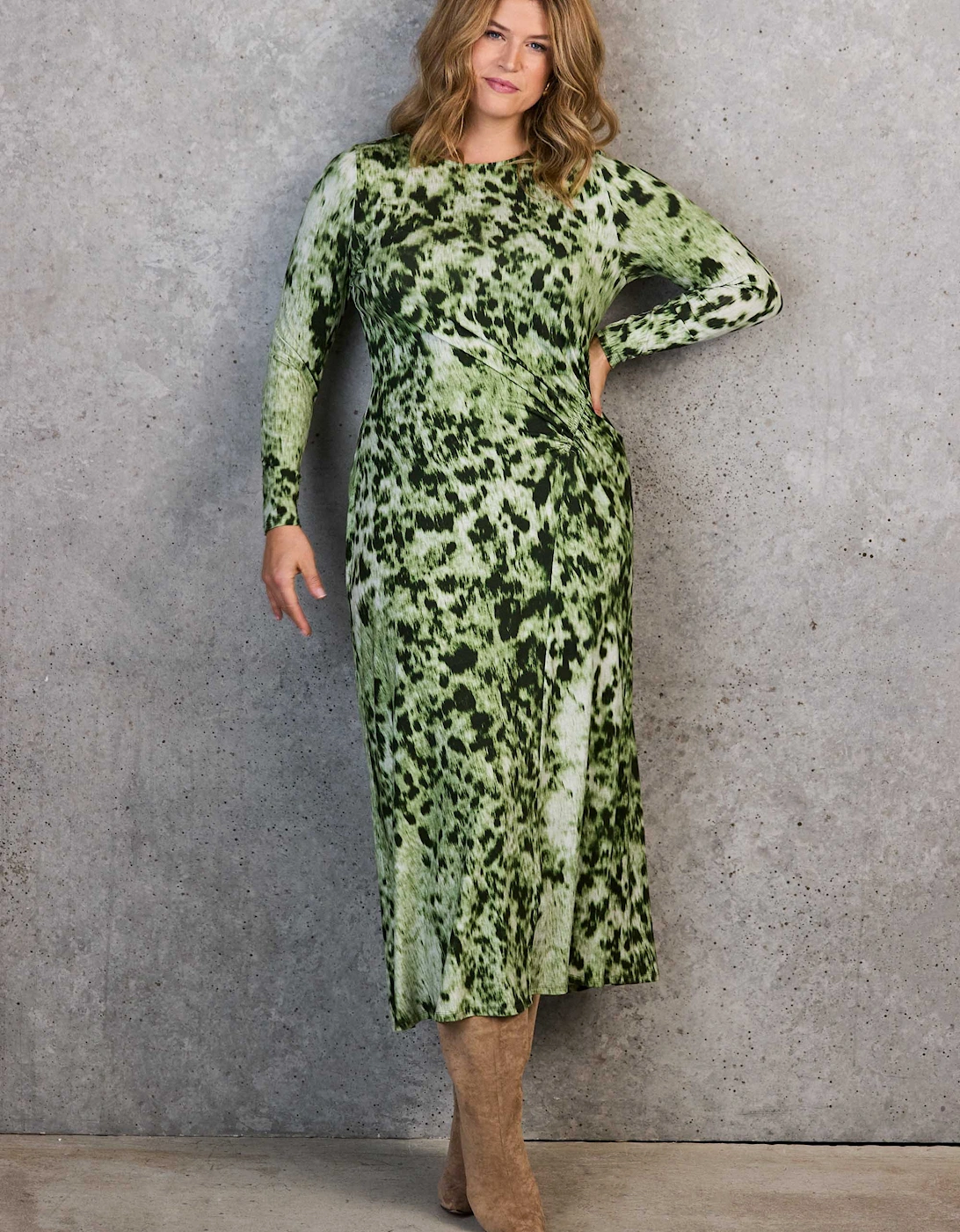 Green Animal Abstract Print Ruched Jersey Dress
