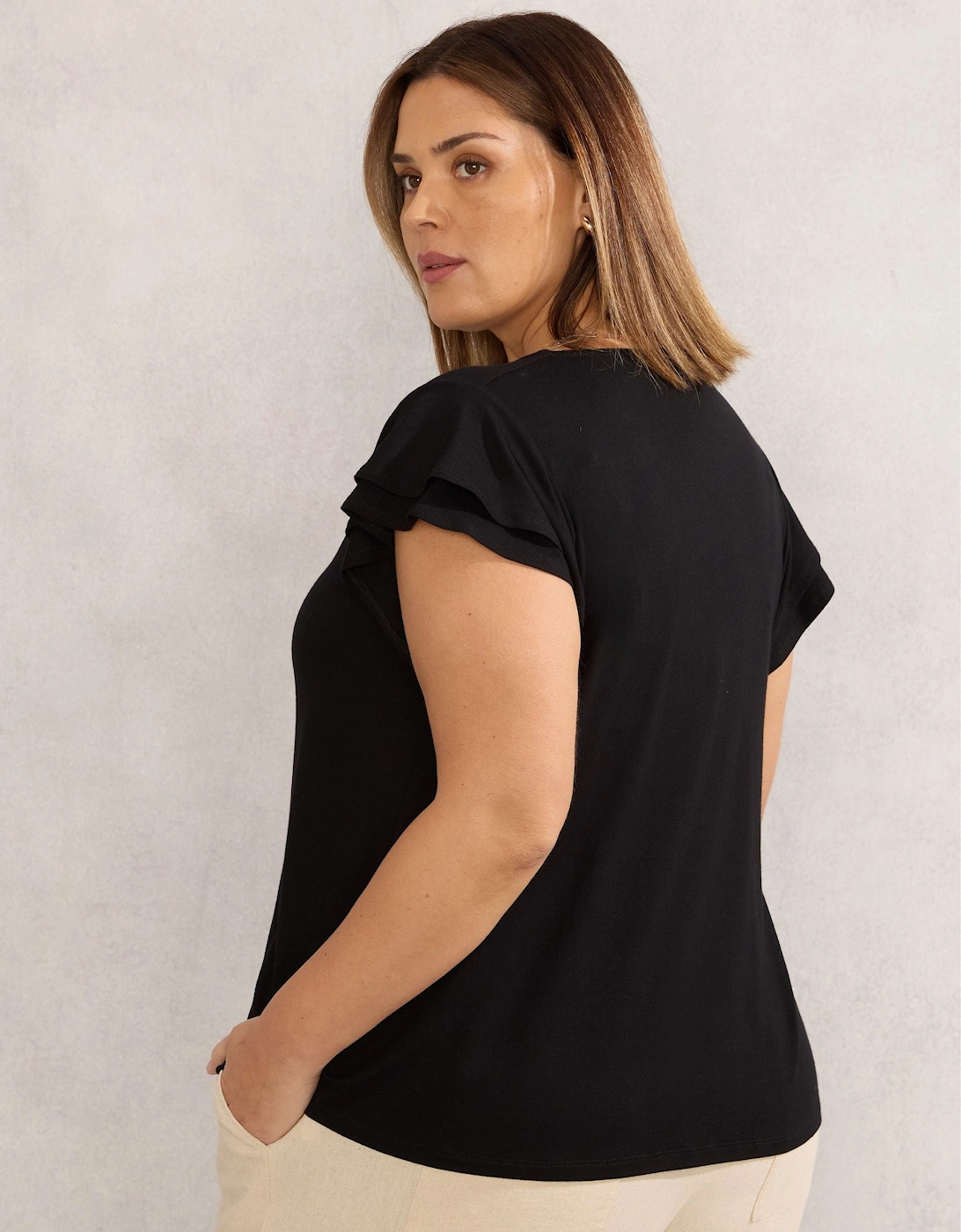 Black Jersey Flutter Sleeve Top