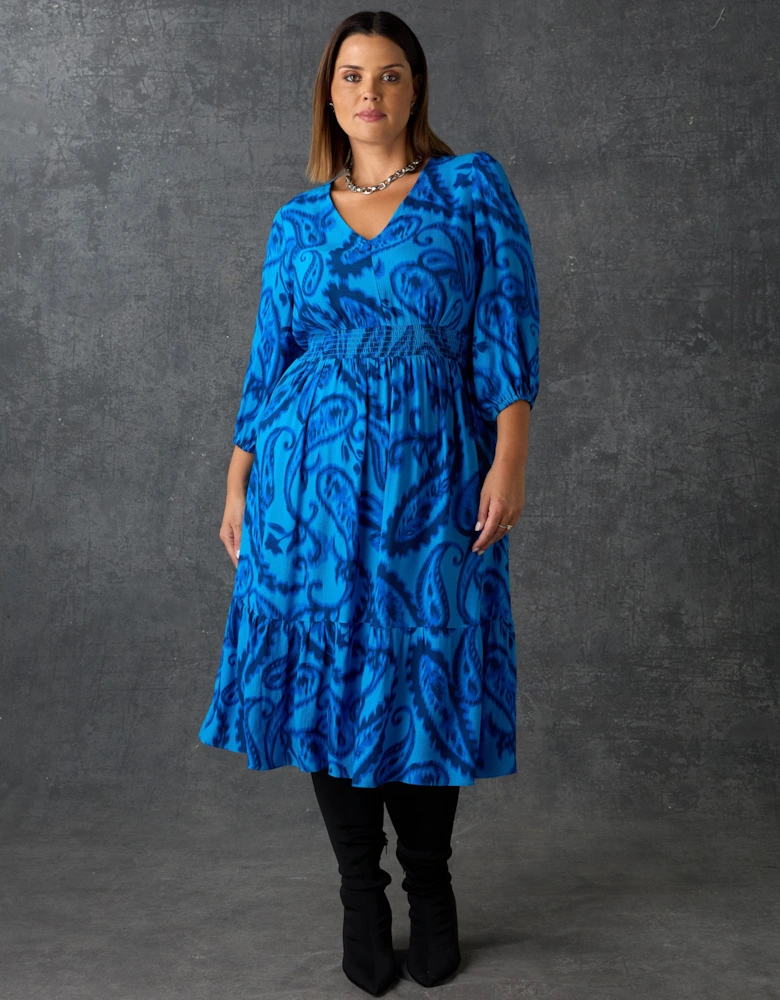 Blue Paisley V-Neck Midi Dress