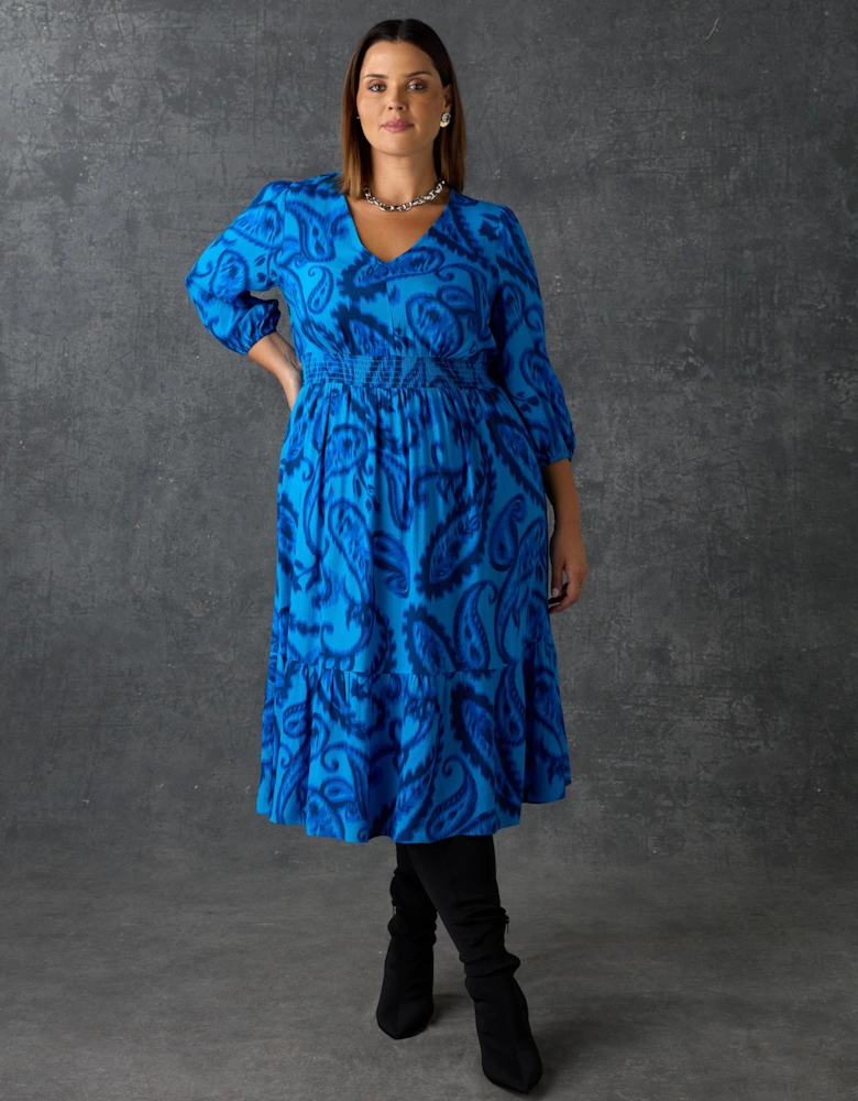 Blue Paisley V-Neck Midi Dress