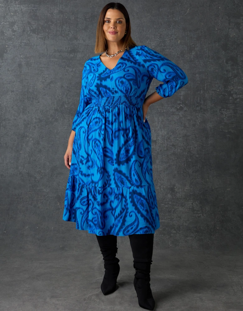 Blue Paisley V-Neck Midi Dress