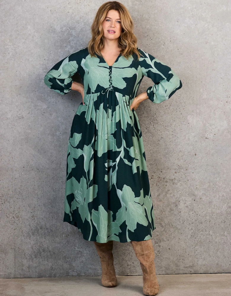 Green Floral Print Tie Front Midaxi Dress