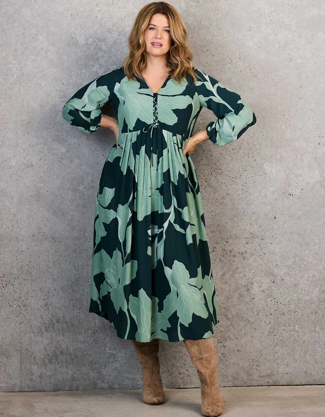 Green Floral Print Tie Front Midaxi Dress