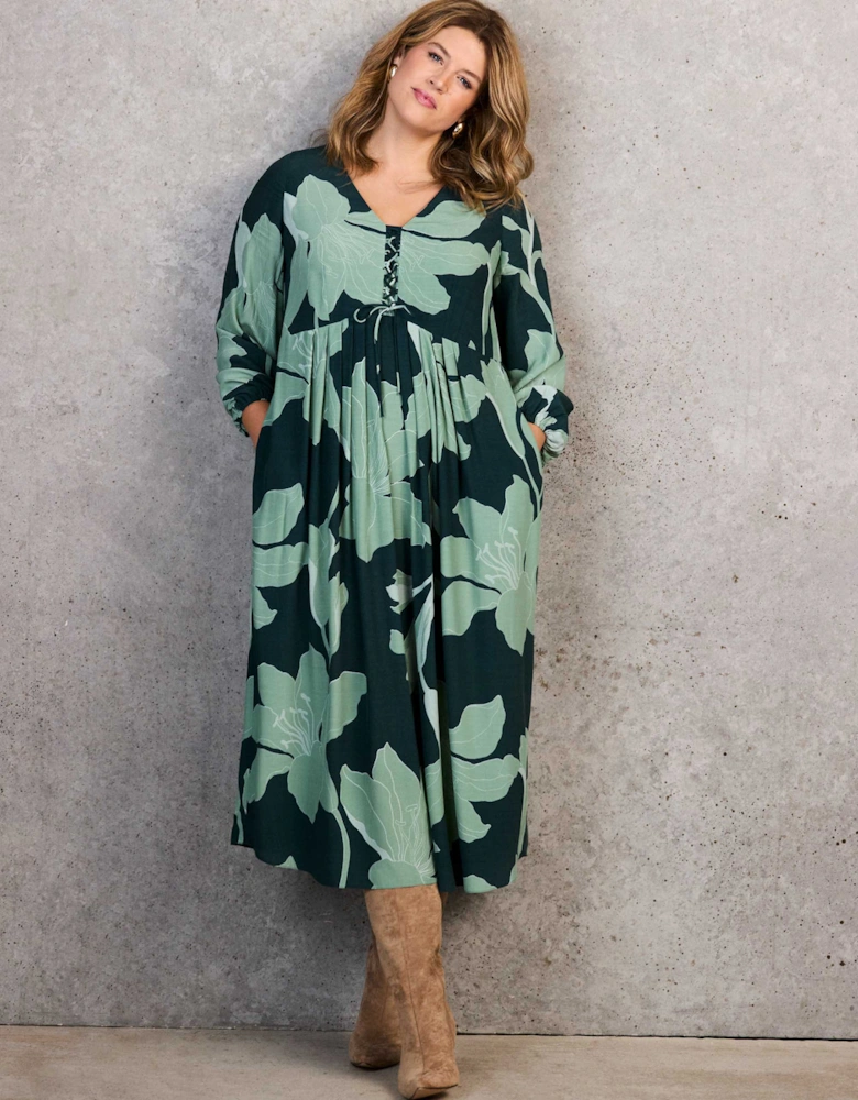 Green Floral Print Tie Front Midaxi Dress
