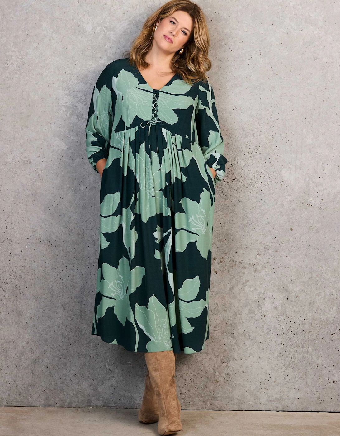 Green Floral Print Tie Front Midaxi Dress