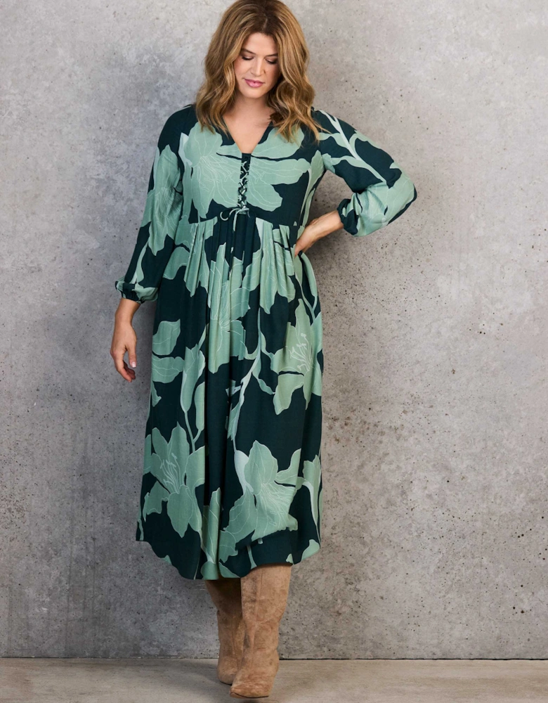 Green Floral Print Tie Front Midaxi Dress
