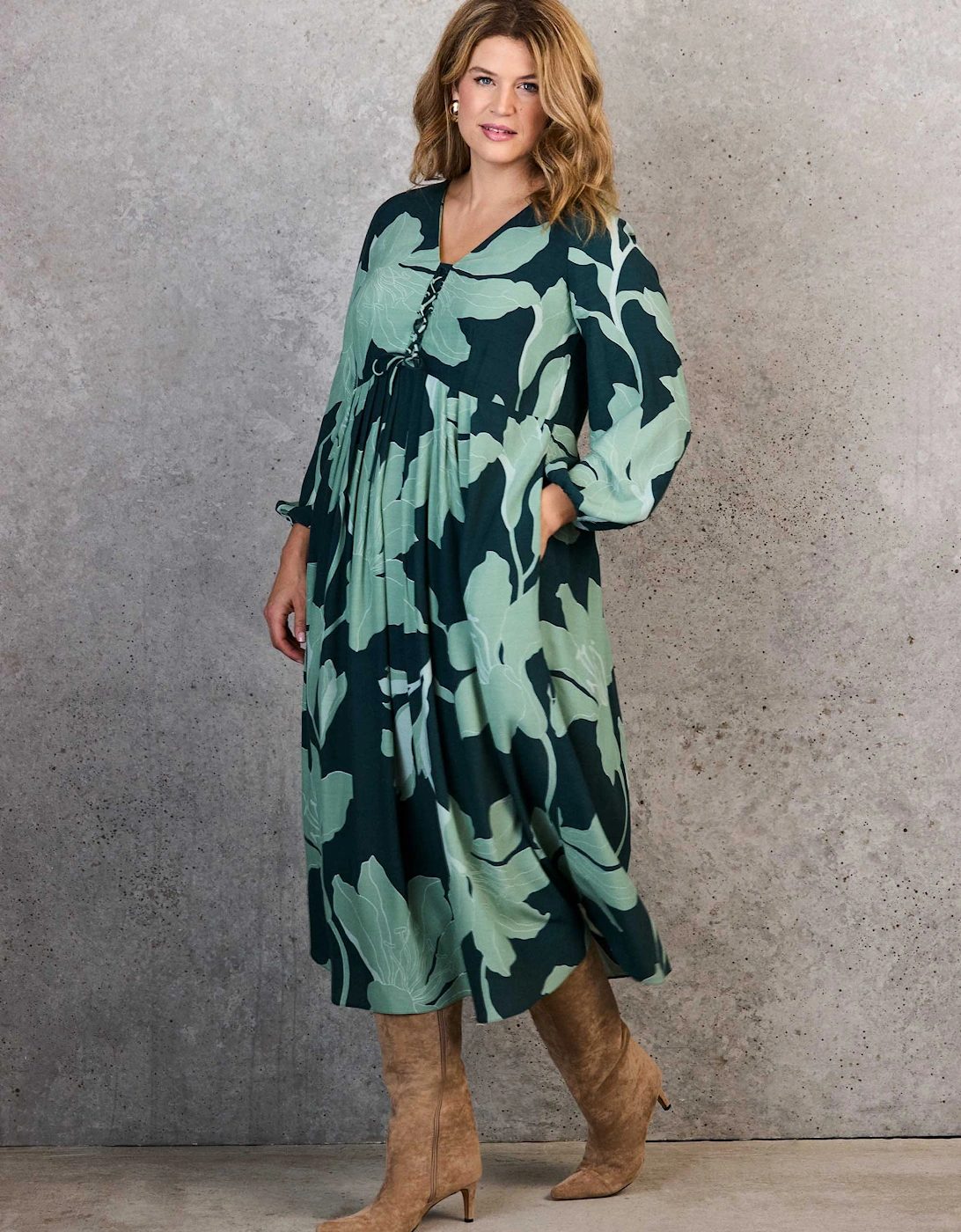 Green Floral Print Tie Front Midaxi Dress