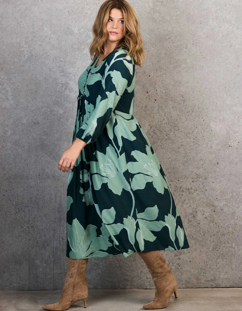 Green Floral Print Tie Front Midaxi Dress