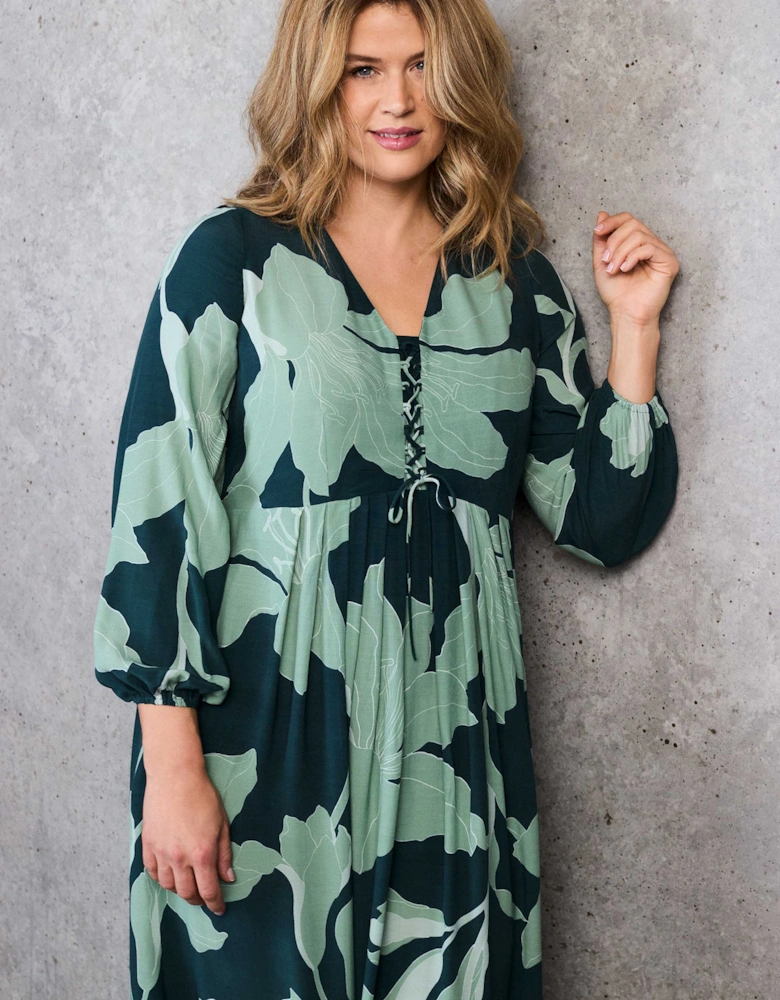 Green Floral Print Tie Front Midaxi Dress