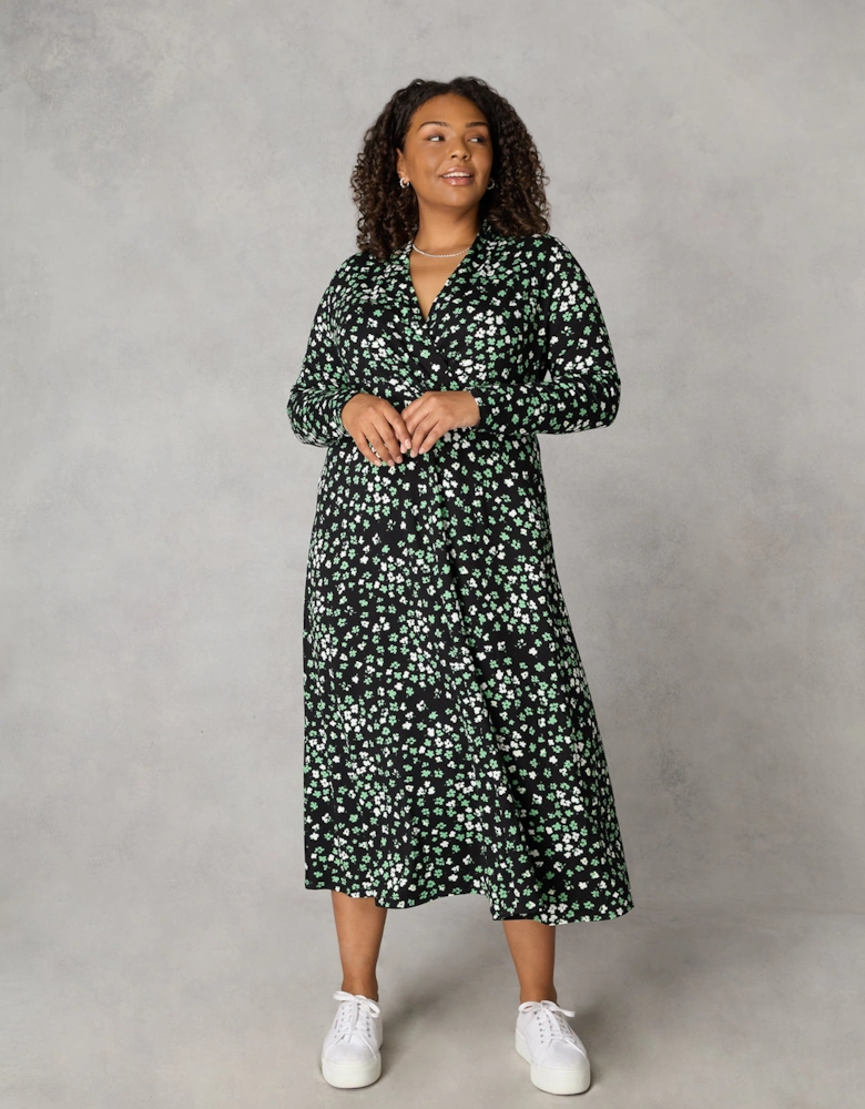Green Ditsy Shawl Collar Midi Dress