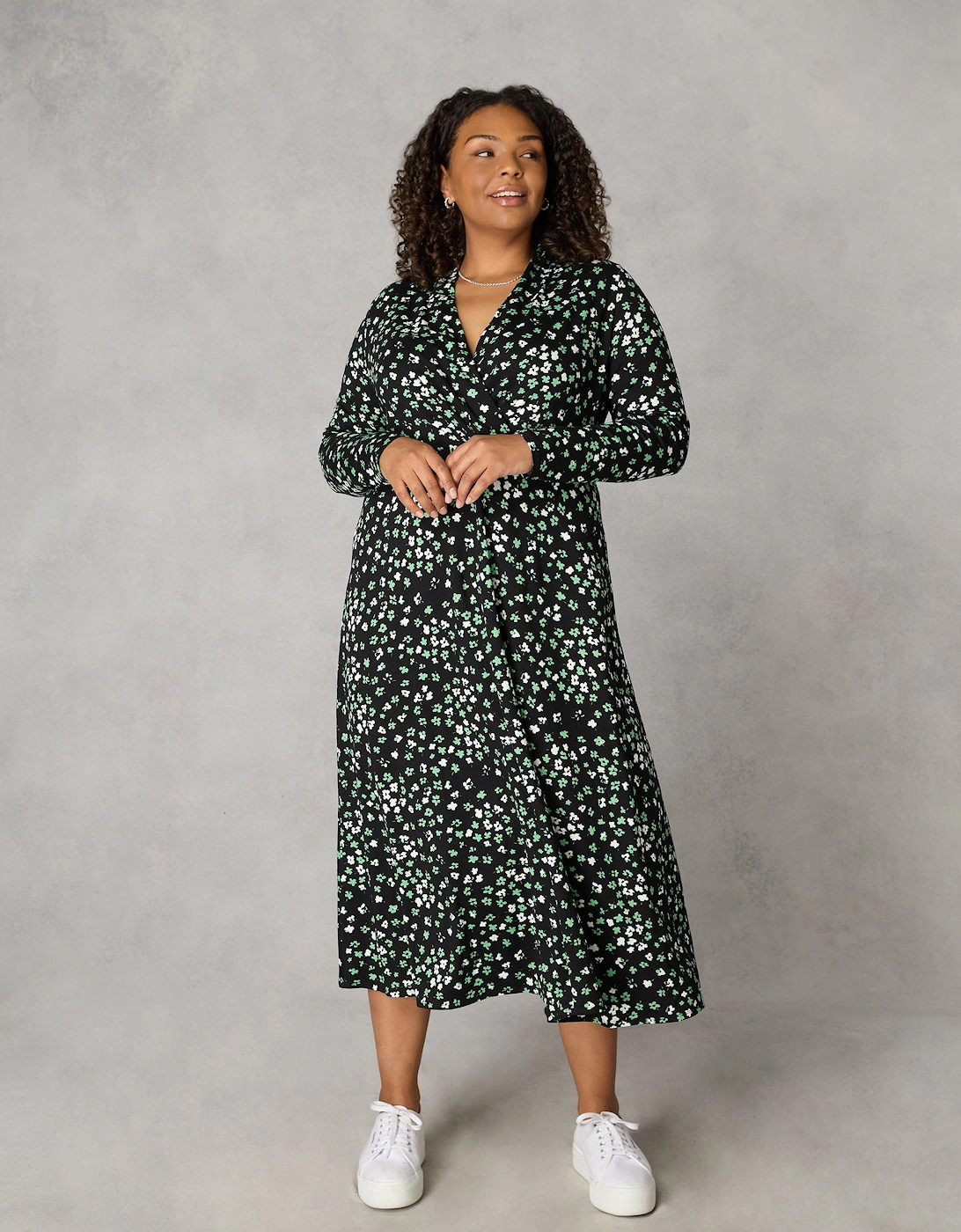 Green Ditsy Shawl Collar Midi Dress