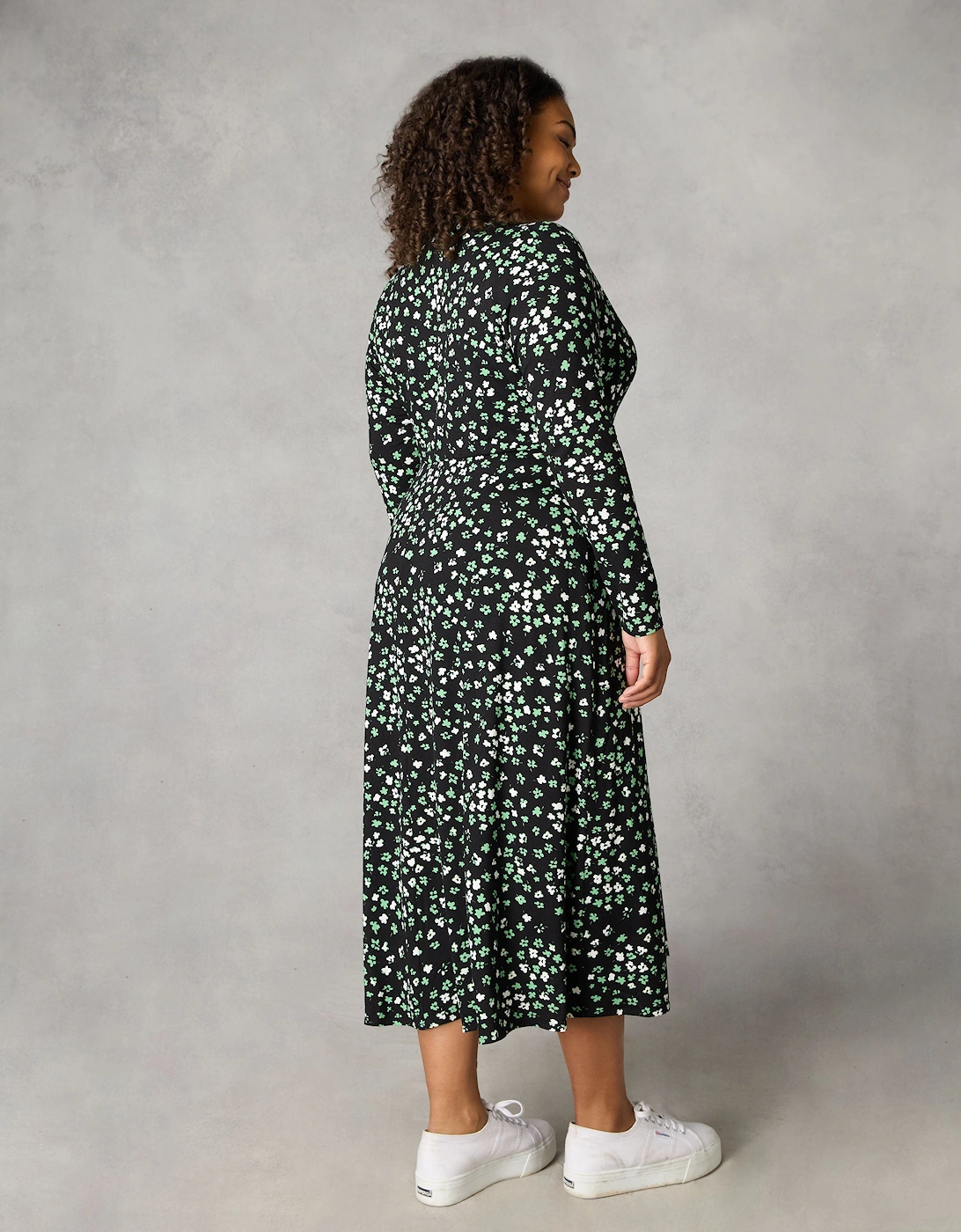 Green Ditsy Shawl Collar Midi Dress