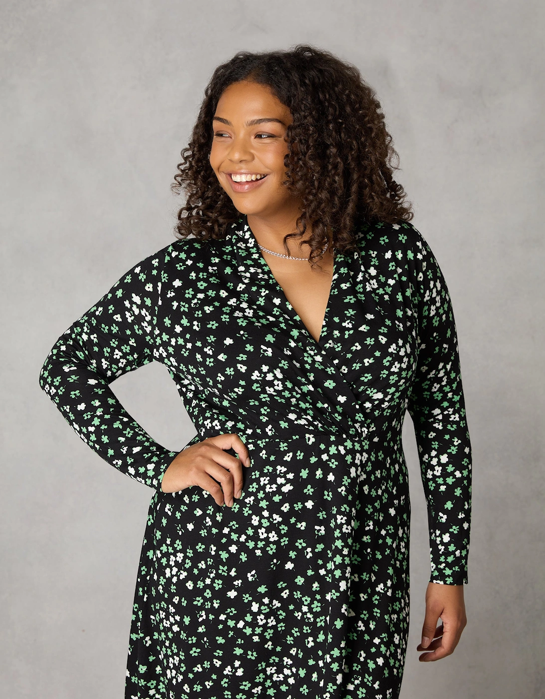Green Ditsy Shawl Collar Midi Dress