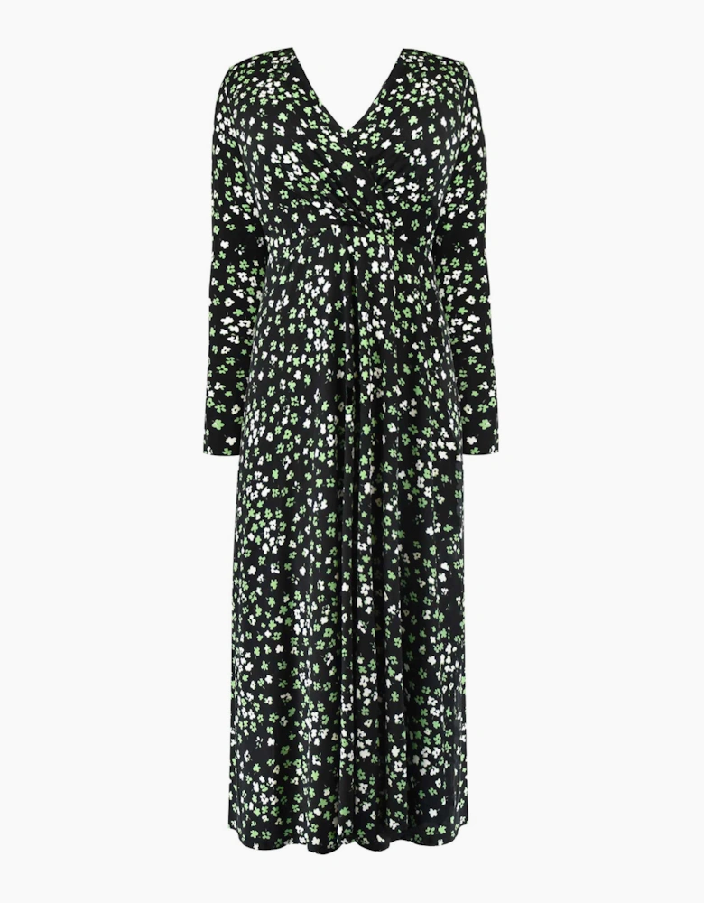 Green Ditsy Shawl Collar Midi Dress