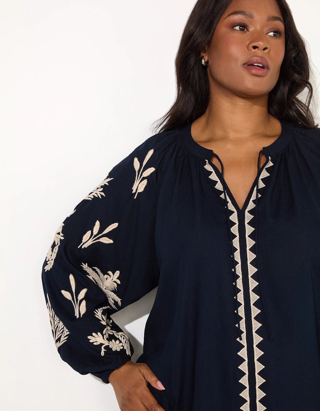 Navy Embroidered Sleeve Tie Neck Top