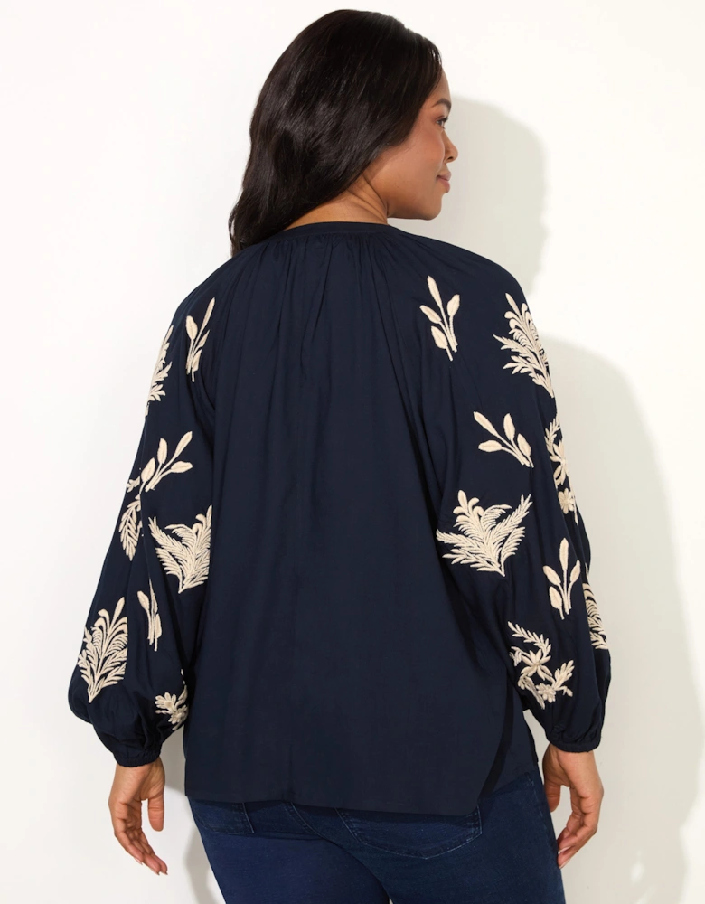 Navy Embroidered Sleeve Tie Neck Top