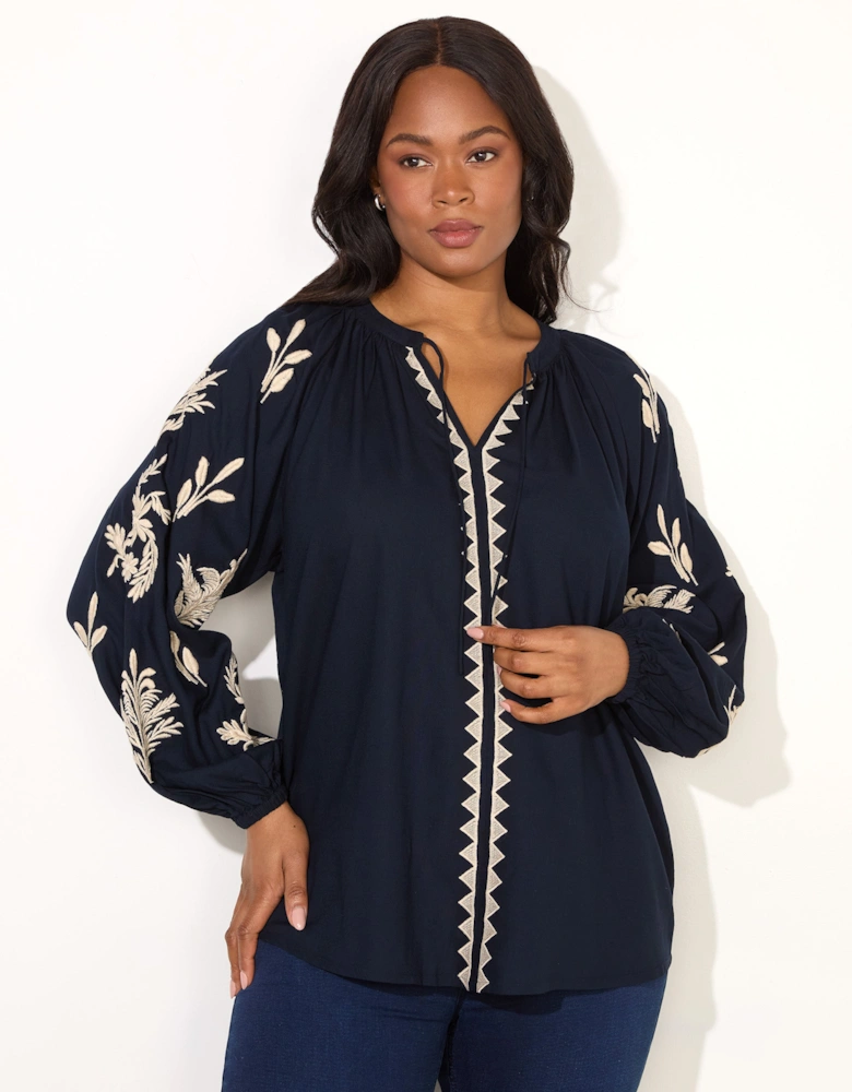 Navy Embroidered Sleeve Tie Neck Top