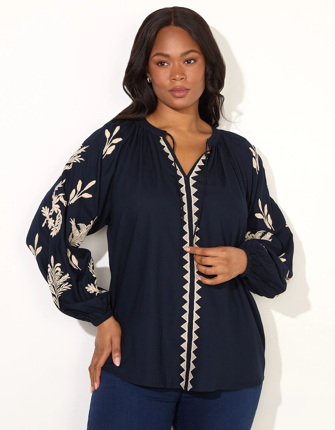 Navy Embroidered Sleeve Tie Neck Top, 4 of 3