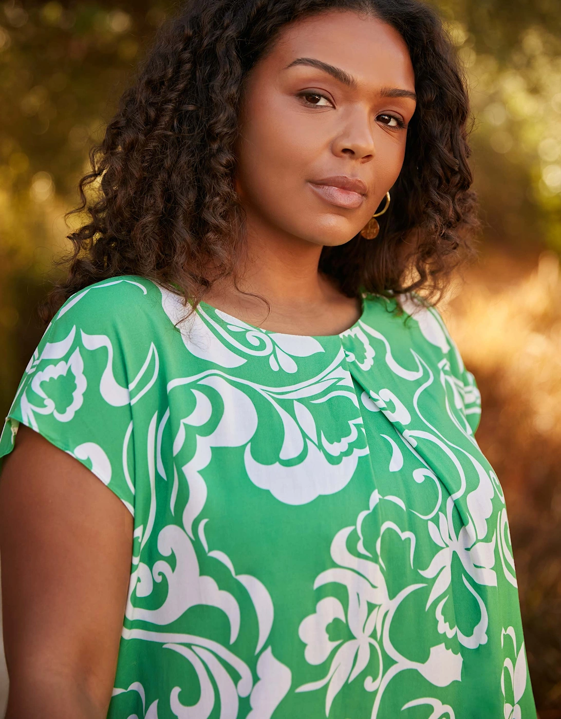 Green Paisley Print Pleat Front Top