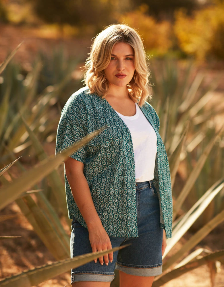 Green Paisley Print Jersey Kimono