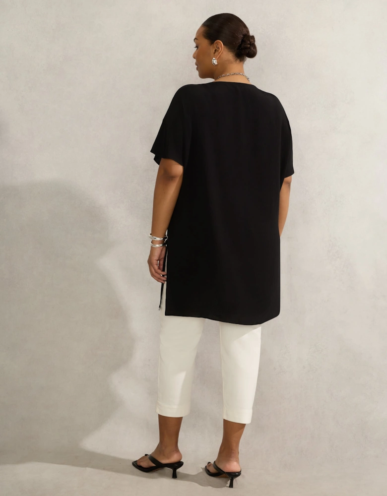 Black Woven V Neck Side Split Tunic