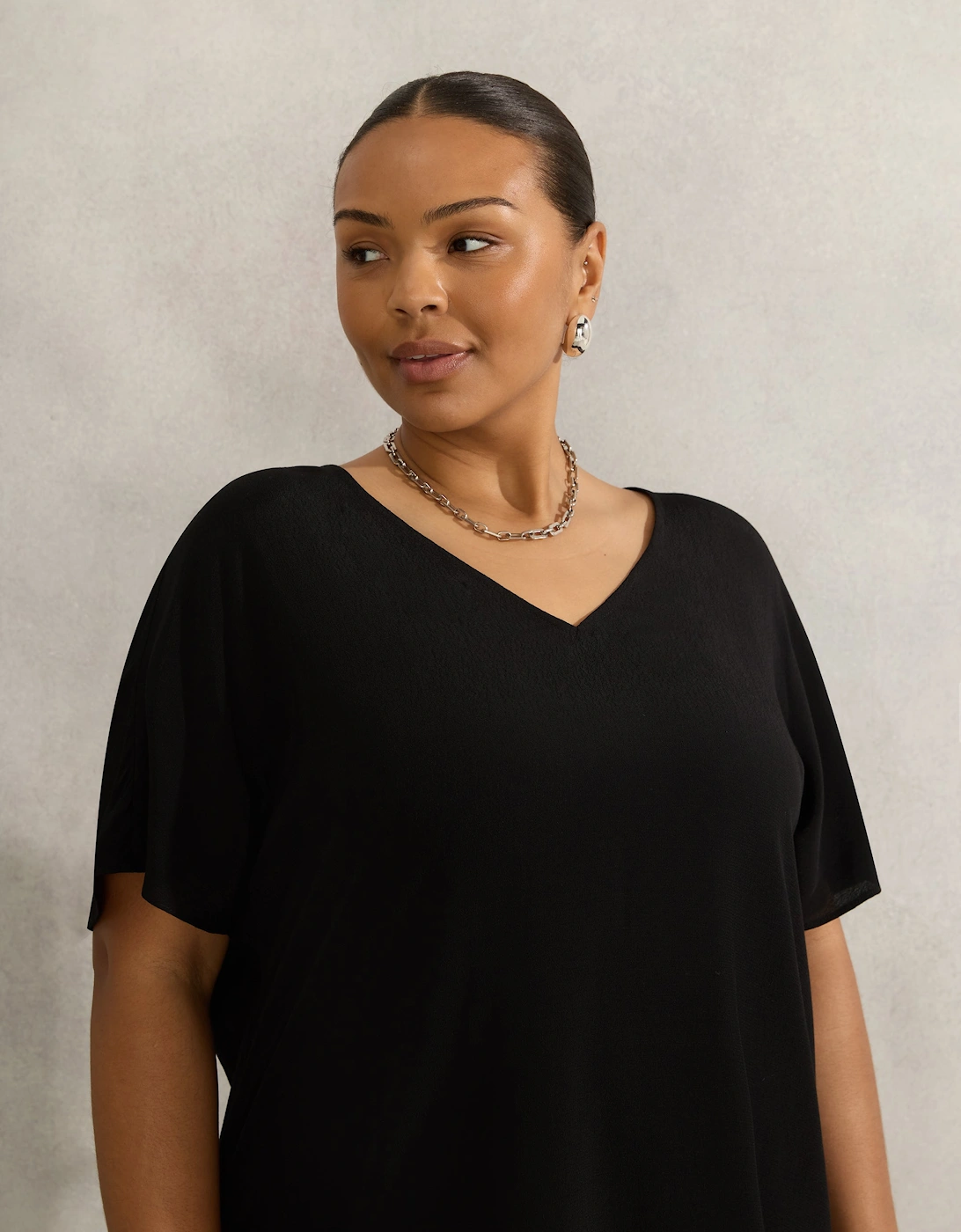 Black Woven V Neck Side Split Tunic