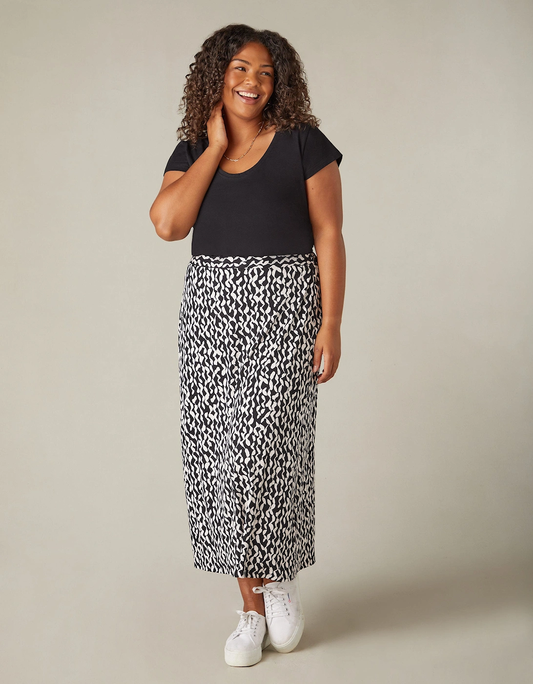 Mono Curl Print Jersey Midi Skirt