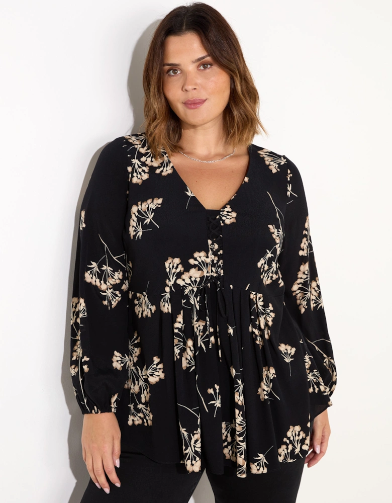 Black Floral Tie Front Blouse