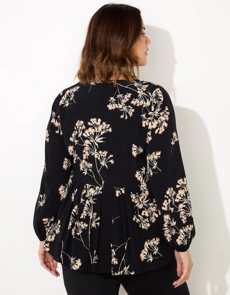 Black Floral Tie Front Blouse