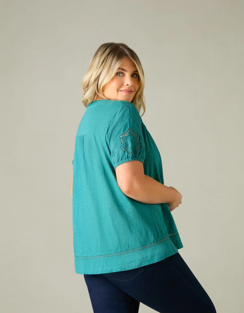 Ocean Green Cotton Jersey Broderie Blouse