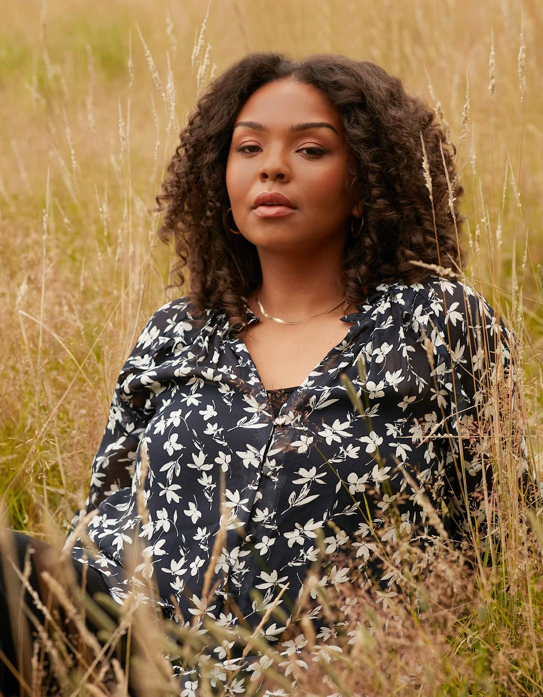 Mono Floral Print Ruffle Front Blouse