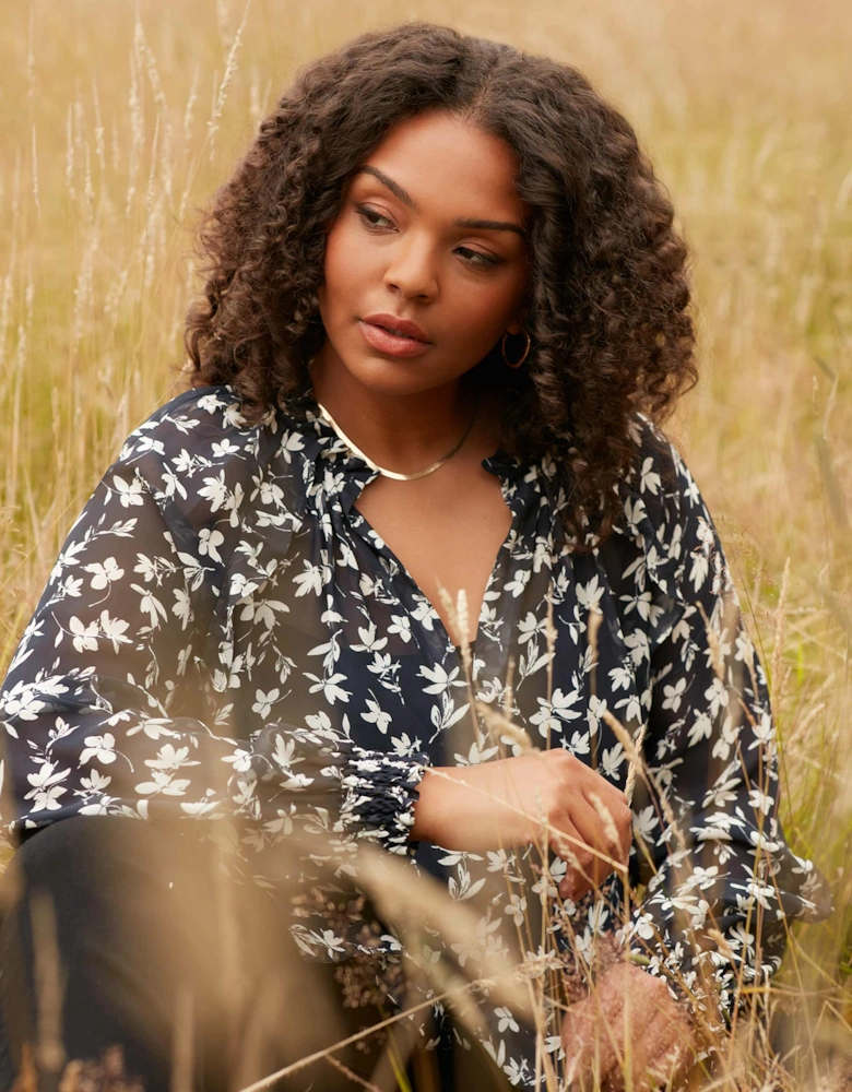 Mono Floral Print Ruffle Front Blouse