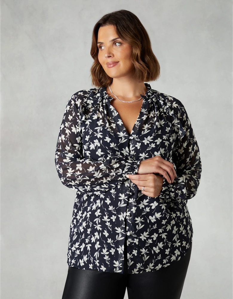 Mono Floral Print Ruffle Front Blouse