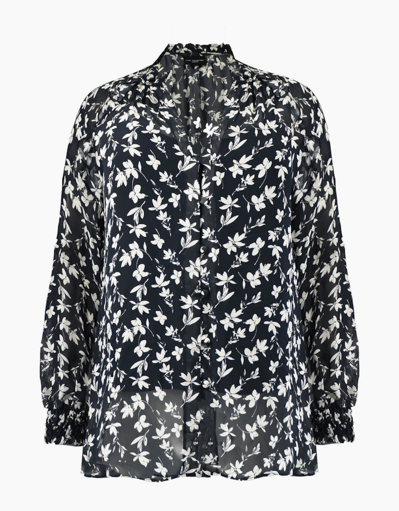 Mono Floral Print Ruffle Front Blouse